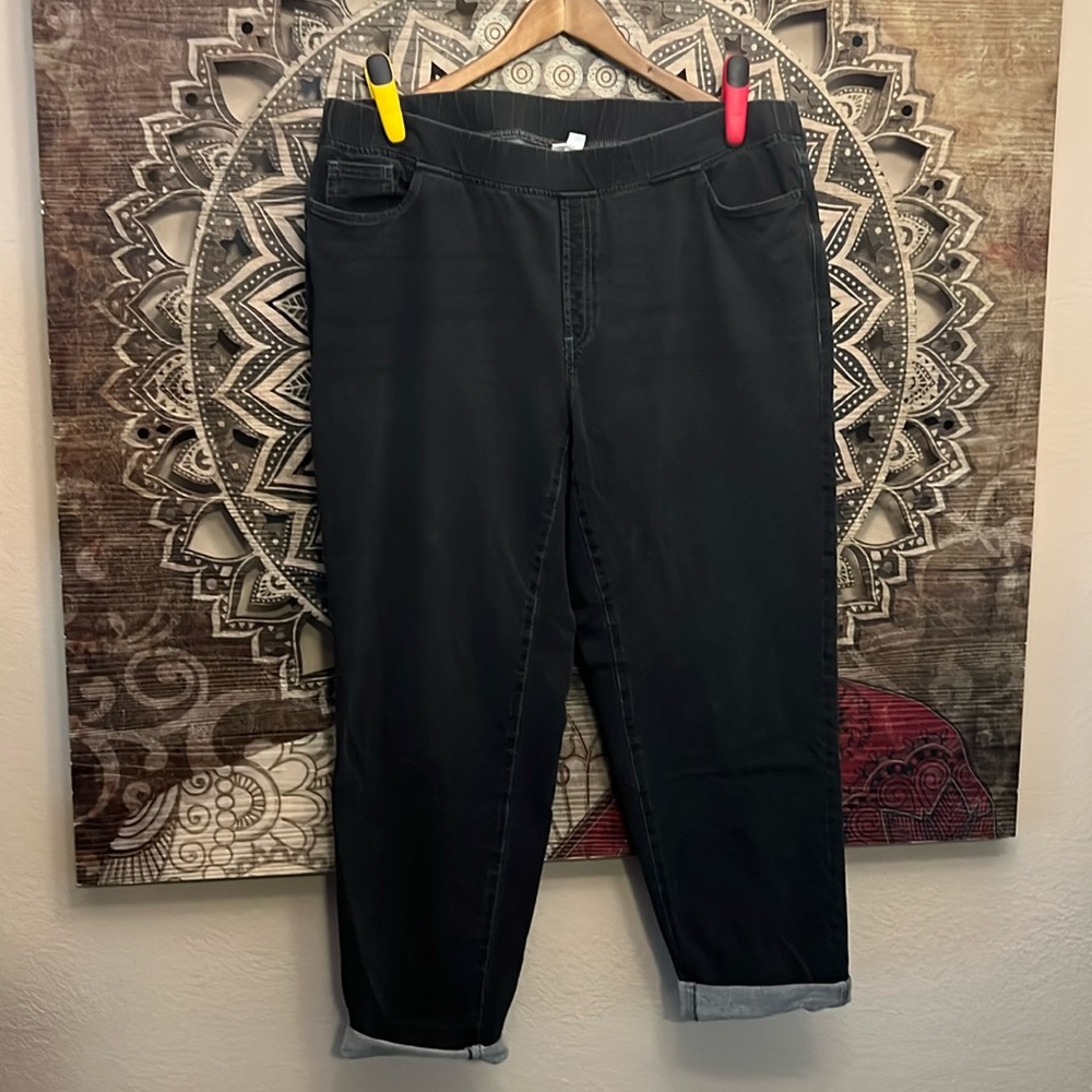 PURE J JILL ELASTIC WAIST BLACK BOYFRIEND LENGTH COTTON SPANDEX PANTS